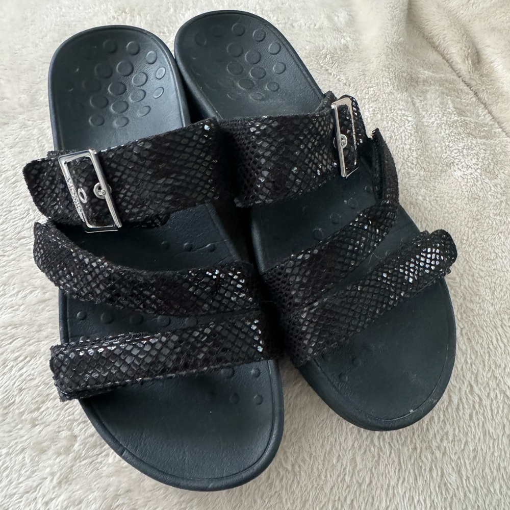 Vionic black leather slides, size 8